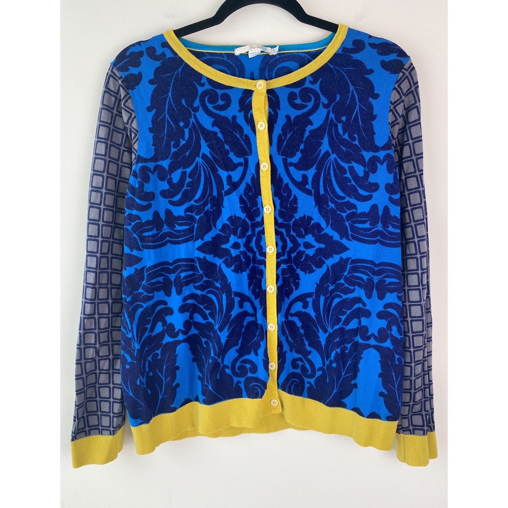 Boden Womens Geometric 100% Wool Cardigan 14 Blue Floral Maximalist Retro Unique - Picture 2 of 7